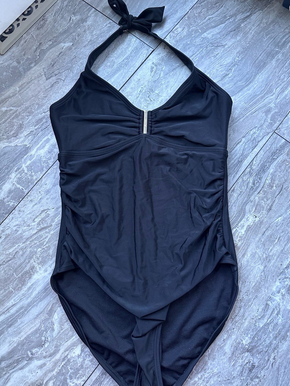 Calvin Klein Black Halter One Piece Swimsuit Size 10 Ruched Tummy Control